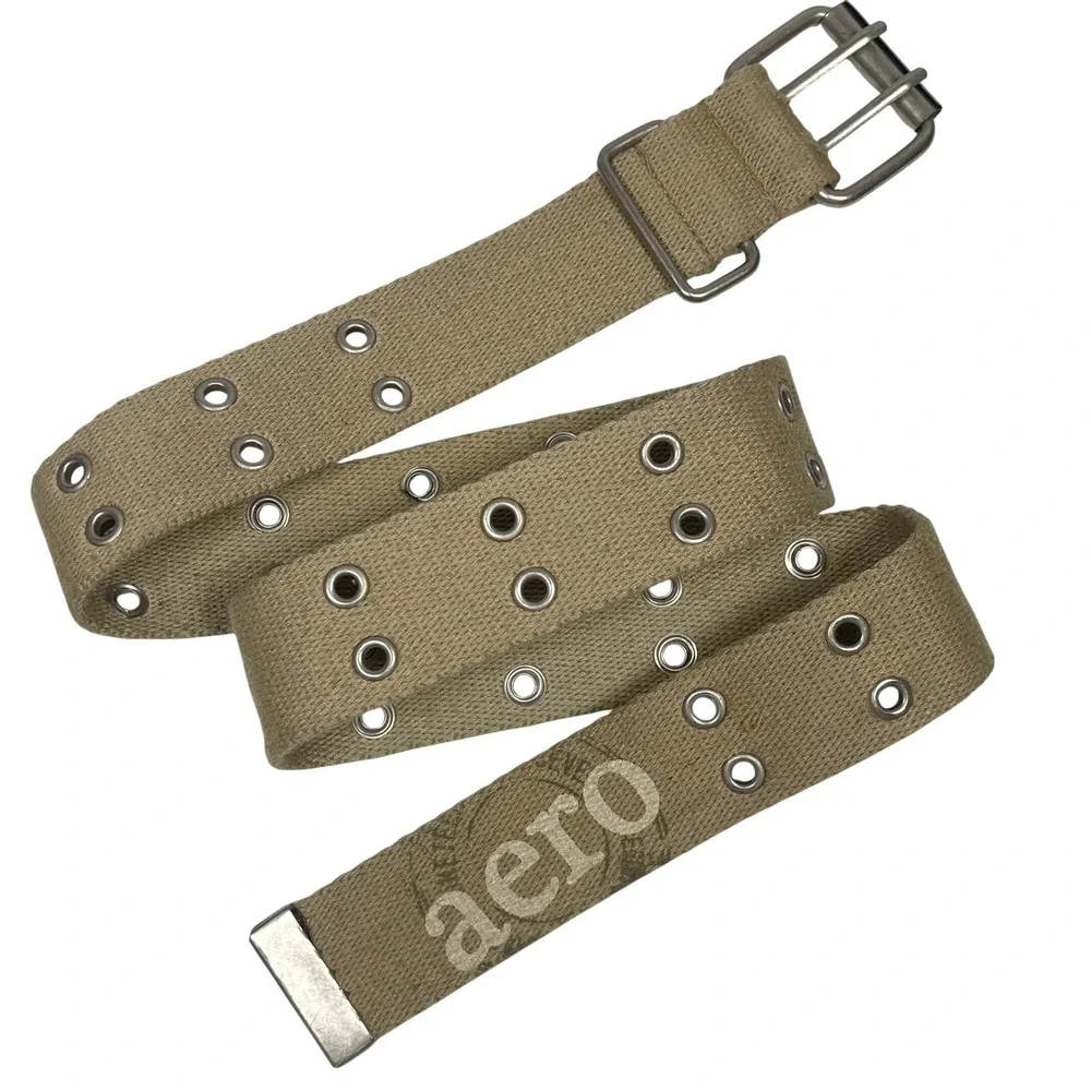 Vintage Aeropostale Canvas Grommet Belt Mens Tan Double Prong Y2K Skater Grunge